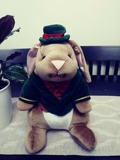 Vintage 1985 Plush bunny w/green velvet jacket and hat 15 inches