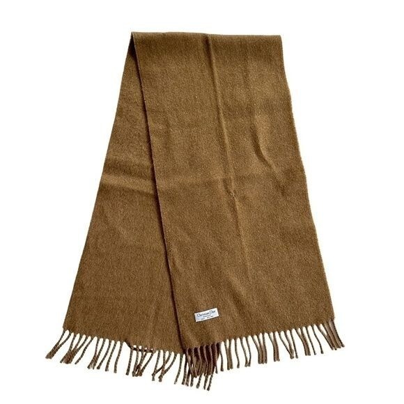 Christian Dior Unisex Wool Fringe Scarf Camel Brown Classic Old