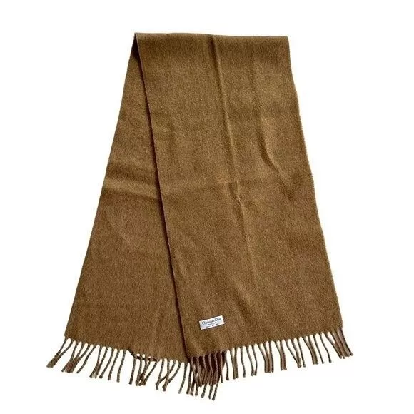 Christian Dior foulard unisexe laine franges marron camel classique vieux argent luxe
