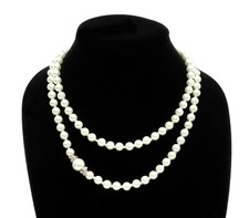 White Faux Pearl Necklace 38" w Clear Beads Trending Style