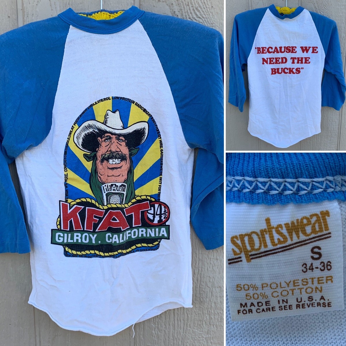 Vintage KFAT FM 94 1/2 Gilory California Raglan Tee T Shirt S USA 