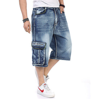 Mens Jeans Shorts Hip Hop Denim Shorts Long Loose Fit Blue Plus Size 32W-46W 13L