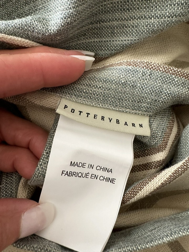 Pottery Barn King Duvet Beige Teal Blue Green Striped Linen Cotton 2