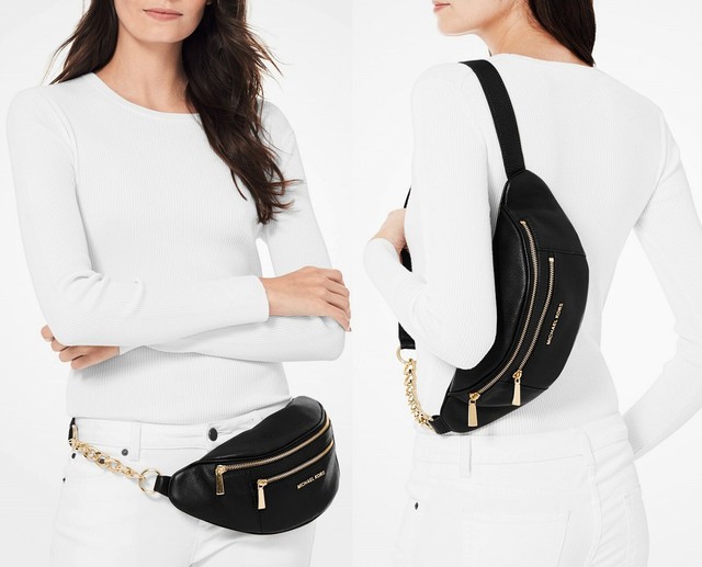 Michael Kors Bag Fanny Pack Mott Md Belt Bag Waistpack Leather Black
