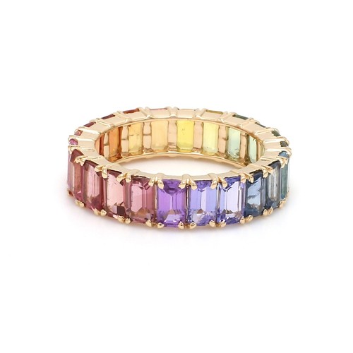 Emerald Cut Rainbow Sapphire Full Eternity Bands Wedding Ring In 18k Yellow Gold - Picture 5 of 7
