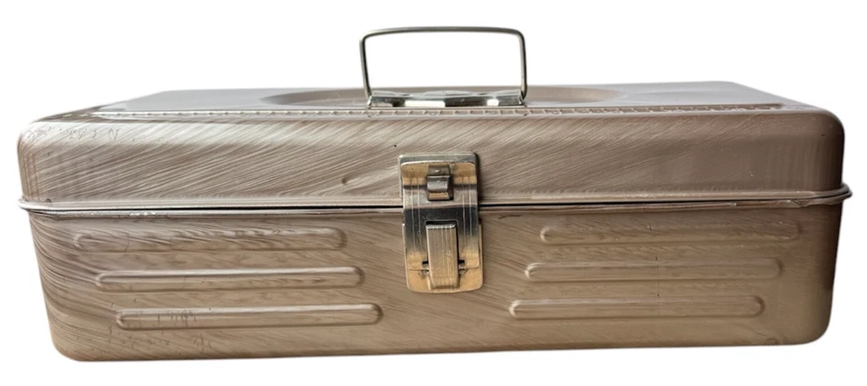 Vintage Union Chests Metal Tool Tackle Box Chest No. 4013 Bronze Tan Ruler Lid - Image 3 of 4