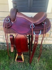 Western Mahagony Leather Hand Carved Ranch Roper Saddle with Leather Strings