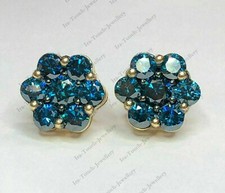 2Ct Round Lab-Created Blue Diamond Women Cluster Stud Earrings 14K Gold Finish