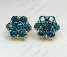 2Ct Round Lab-Created Blue Diamond Women Cluster Stud Earrings 14K Gold Finish