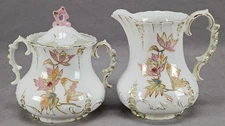Antique RS Prussia Pink Orange Yellow Green Luster & Gold Creamer & Sugar