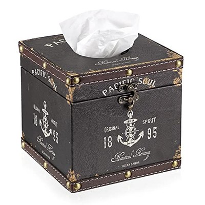 Sumnacon Retro Wood Square Tissue Box Cover - Vintage Cube Tissue Box Brown