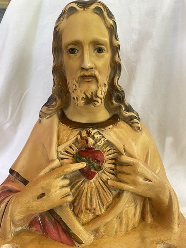 Candela croce legno busto gesso Alter Gesù Sacro Cuore vintage pesante PSCI anni 50 - Foto 12 di 18