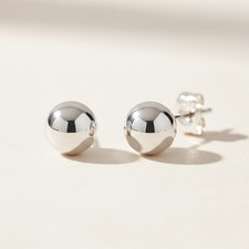 14K Real Solid White Gold Round Ball Bead Sleeper Stud Earrings Pushback 3-8mm