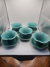 Japanese Blue Tea Cups And Saucers, Set Of 5 In Box, Flower Shaped Cups