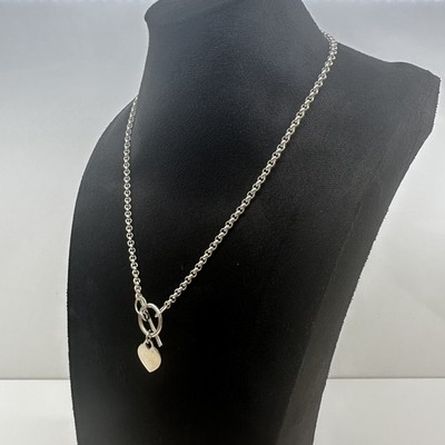 925 Sterling Silver Necklace, Heart Charm Toggle Necklace, Hallmarked