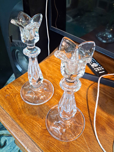 Pair Clear Glass Flower Taper Candle Holders, Freestanding Traditional Decor