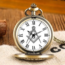 Mason Pocket Watch Masonic Compass Brass Freemasons Symbols Dial with Chain Gift