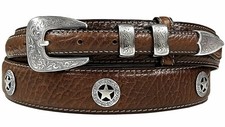 Silver Engraved Ranger Star Concho Genuine Leather Western Ranger Belt Brown...
