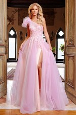Jovani 23951 Pink Green Multi High Slit One Shoulder Gown Tulle Size 4 NEW NWT