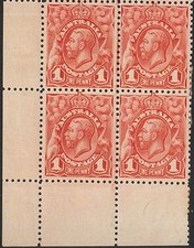 1913 Australia KGV Penny Hinged Corner Block 4x1d No WMK First Roo & Emu Stamps