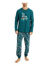 FAMILY PJs Mens So Elfing Merry Green Long Sleeve Top Cuffed Pant Pajamas S