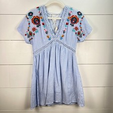 Altar'd State Blue & White Striped Embroidered V-Neck Dress Vacation Boho Cruise