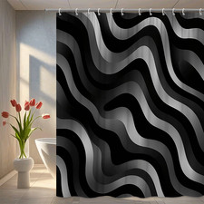 Modern Black and White Shower Curtain - Wavy Design, Waterproof Fabric
