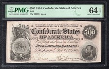 T-64 1864 $500 “DIXIE” CSA CONFEDERATE STATES OF AMERICA PMG UNCIRCULATED-64EPQ