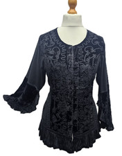 Velvet Blouse Women Embroidered Bell Sleeve Tie‑Back Ruffle Hem M‑L / L‑XL/XXL