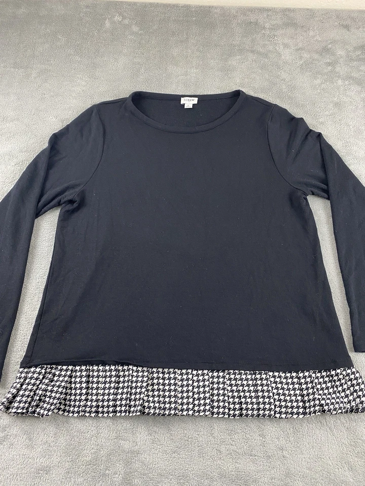 J. Top de mujer Crew grande negro blanco plisado dobladillo mangas largas C8 Foto 2 de 4