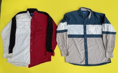 Lot Of 2 Vintage Wrangler Western Shirt Colorblock Red White Blue Snap Button