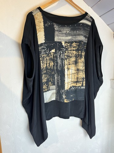 Naya Oversized Batwing Top Black Beige Abstract Layered Asymmetric Lagenlook - Picture 4 of 4