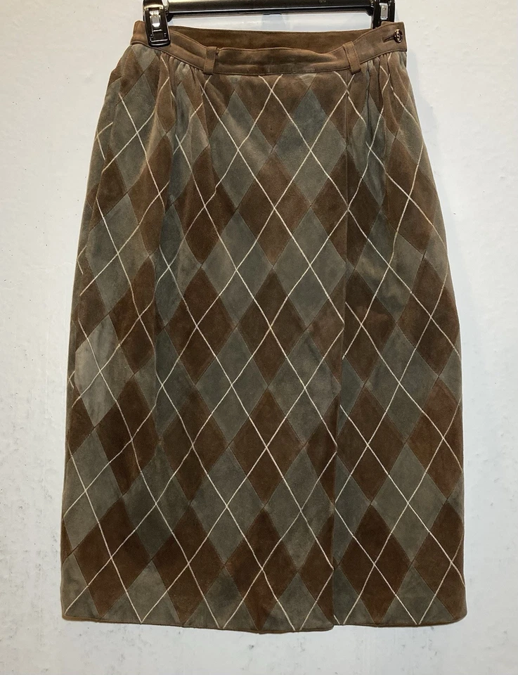 Falda Midi Vintage Valentino Pelle Gamuza Talla 42 Italia Marrón Verde Estampado Diamante Foto 2 de 4