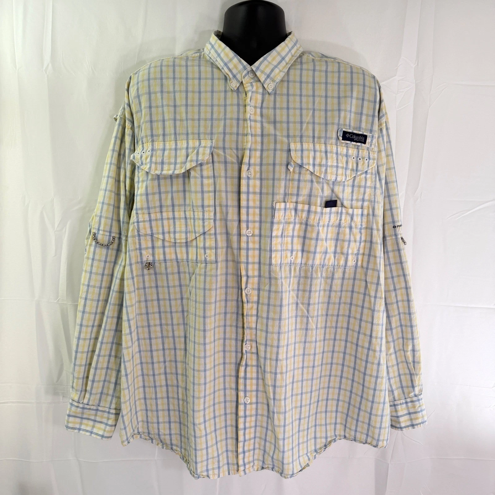 Columbia PFG Super Bonehead Fishing Shirt Mens XL Yellow Blue Plaid Long Sleeve