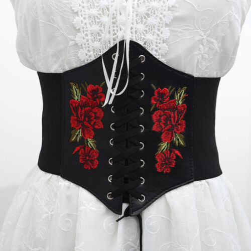 Women Wide Elastic Girdle Belt Embroidered Belt Flower Embroidered Waistband CB - Picture 1 of 8
