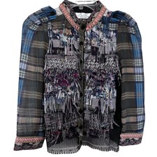 Byron Lars Beauty Mark Fringed Plaid Patchwork Lace Mixed Media Jacket Size 6