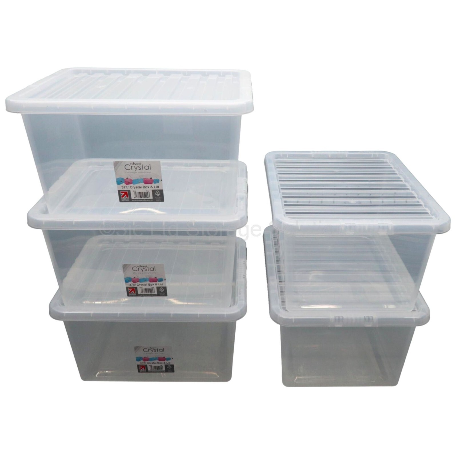 NEW 5 x 37 Litre Wham Crystal British Made Clear Plastic Storage Boxes Box & Lid