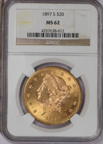 1897-S Gold Liberty Head $20 NGC MS62. P.Q. Very Choice.