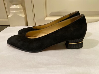 Di Sandro Black Suede Pumps Size 7 B. Rippled Heels Gold Trim. | eBay