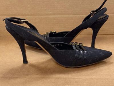 Louis Vuitton MONOGRAM OPEN BACK STRAP BLACK PUMPS SIZE 36- USED