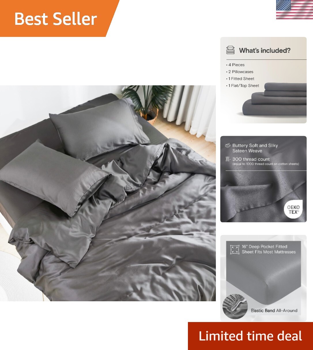 Bamboo Viscose Queen Sheet Set Cooling Soft 4pc Deep Pocket Storm