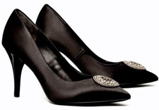 TORY BURCH CRYSTAL LOGO HEELED PUMP 100MM BLACK SATIN LEATHER SZ US 8 NIB
