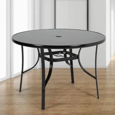 BEAUTY-DIRECTUK Garden Bistro Patio Table with Umbrella Hole Balcony Outdoor Indoor Round Black