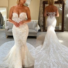 Beach Mermaid Wedding Dresses Strapless Appliques Backless Buttons Bridal Gowns