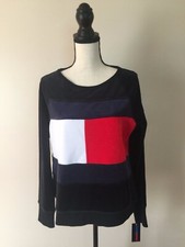 TOMMY HILFIGER Big Flag Logo Velour Sweatshirt Top Black Red Retro Women's M New