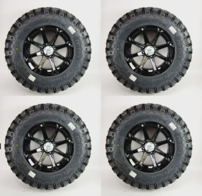 MSA M12 Diesel 14x7 4x110 10 Black Wheels w/ MotoHammer 28x10R14 Tires ATV / UTV