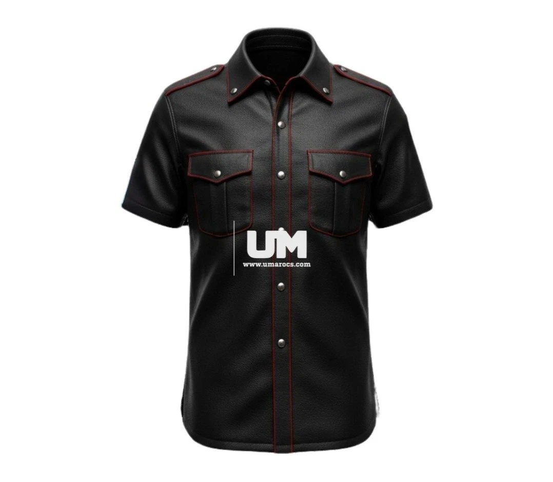 Men's Black Genuine Leather Shirt with Red Stitching Short Sleeve Snap Button