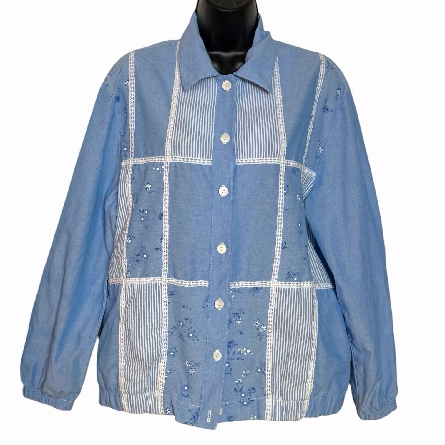 VINTAGE BLUE CHAMBRAY PATCHWORK JACKET 80s 90s CO… - image 1