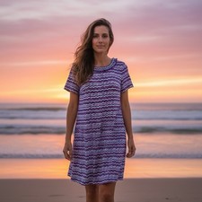 Talbots Petites Chevron Print Dress LP Petite Large 100% Cotton Ruffle Neck NEW