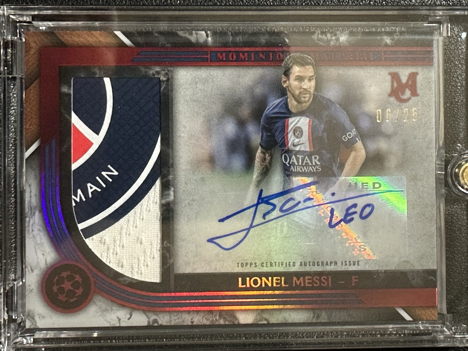 2022 Museum Collection UEFA Lionel Messi Momentus Material Patch Auto 06/25 PSG view 1